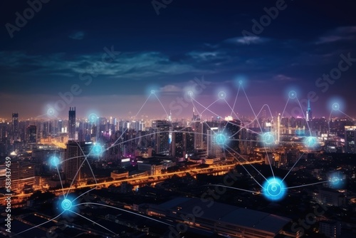 Modern city with wireless network connection and city scape concept. Wireless network and Connection technology concept with city background at night - generative ai