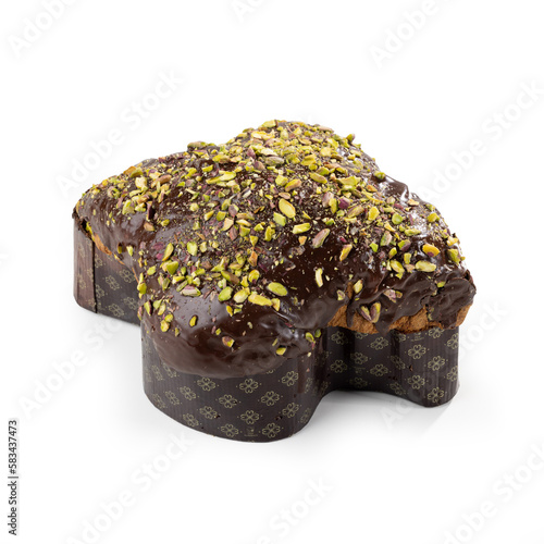 Italian "Easter Dove" Sweet Bread "Colomba Pasquale" or "Colomba di Pasqua", Chocolate and Pistachio Type – Side view - Isolated on White Background