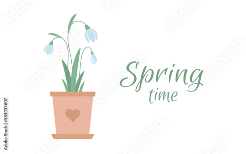 Snowdrop in a clay pot and the inscription Spring time. Flat vector illustration