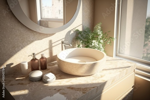 Modern and luxury beige bathroom with white ceramic washbasin in dappled sunlight from window and leaf shadow on marble wall for personal and toiletries product display background - generative ai