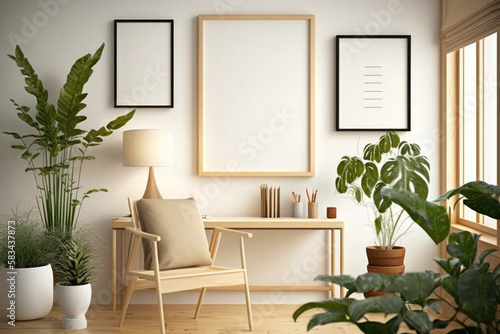 Mockup blank 4 black picture frame gallery on the white beige wall in contemporary living room with orange armchair and house plants in morning sunlight. 3D render for poster frame template. - generat