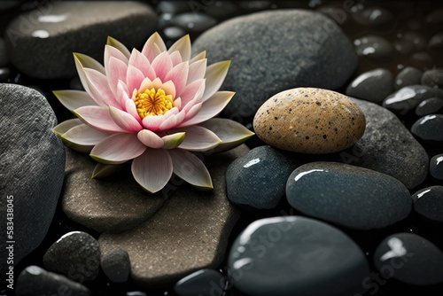 zen stones and pink flower