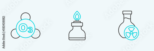 Set line Test tube with toxic liquid, Ozone and Alcohol or spirit burner icon. Vector