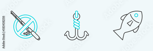 Set line Fish, No fishing and Fishing hook icon. Vector