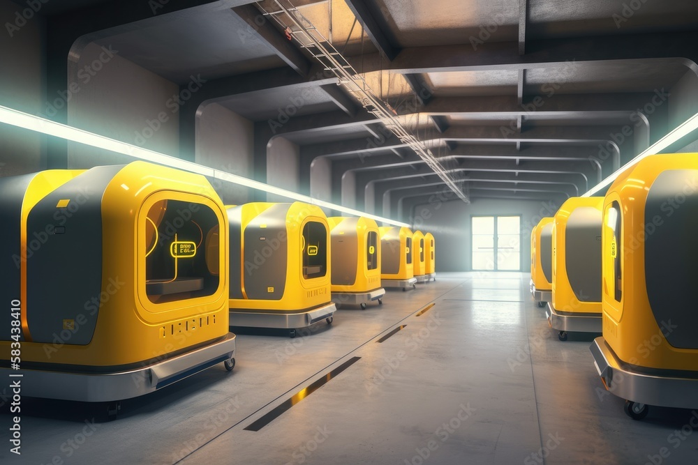 Concept of smart factory and 5G for industrial. Autonomous Robotic transportation or Automated guided vehicle systems( AGV) operating transfer box in automated warehouses - generative ai