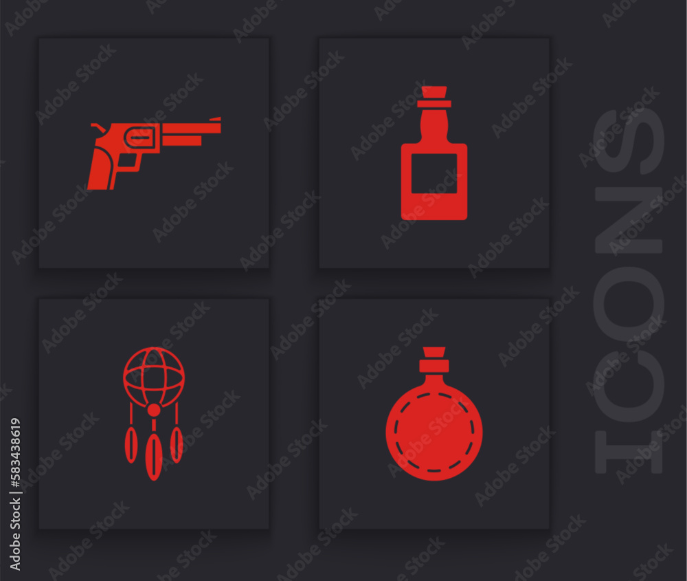 Set Canteen water bottle, Revolver gun, Tequila and Dream catcher with feathers icon. Vector