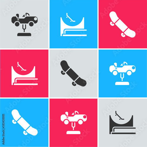 Set Swing car, Skate park and Skateboard trick icon. Vector