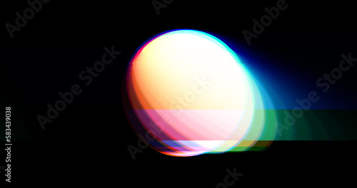 Multicolored glitched round geometric shape with noise, scanlines and screensclices on black background in corrupted graphics style. © Rrose Selavy