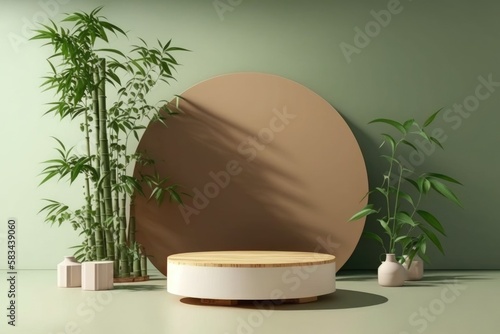 Background for natural organic products showcase or display. An empty podium stand on green background with beautiful leaves shadow. Eco, Cosmetic, spa - generative ai