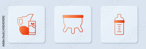Set Udder, Milk jug or pitcher and glass and Baby milk in bottle. White square button. Vector