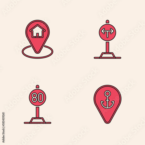 Set Location with anchor, house, Fork in the road and Speed limit traffic icon. Vector © Oksana
