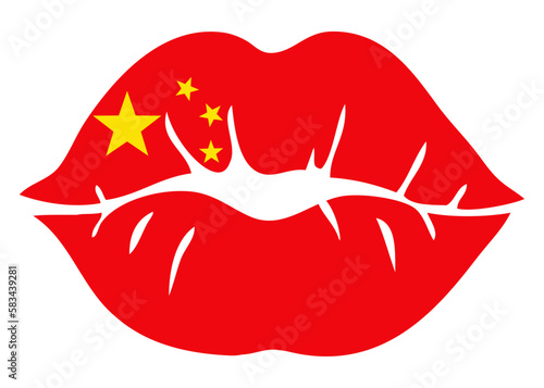 Logo I love China. Silueta aislada de labios de mujer con los colores de la bandera de China	