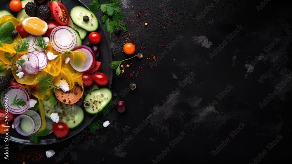 Overhead shot of chopped vegetables for healthy salad. Healthy diet. Restaurant menu background. Generative AI