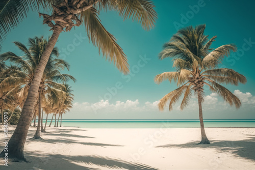 A sunny beach with clear blue water, white sand, and palm trees swaying in the breeze, Generative AI