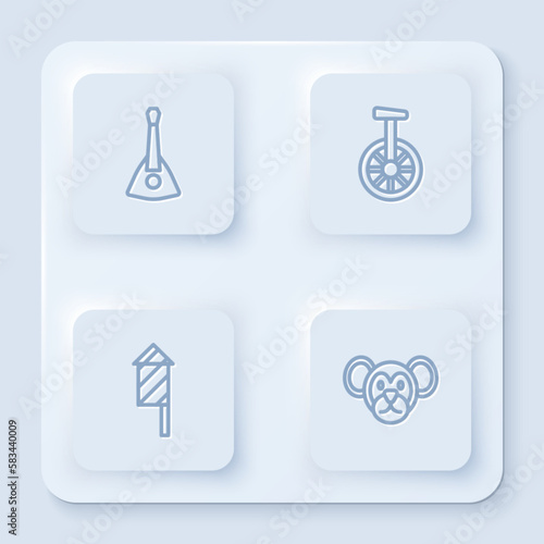 Set line Balalaika, Unicycle or one wheel bicycle, Firework rocket and Monkey. White square button. Vector