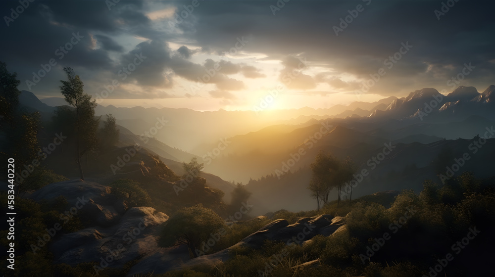 Obraz premium Landscape with mountains and forest in shadow clouds and sunset volumetric lighting