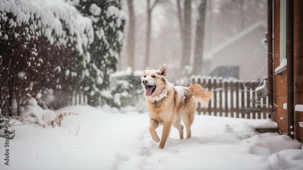 Happy dog playing in backyard in winter snow Happy dog playing in backyard in winter snow