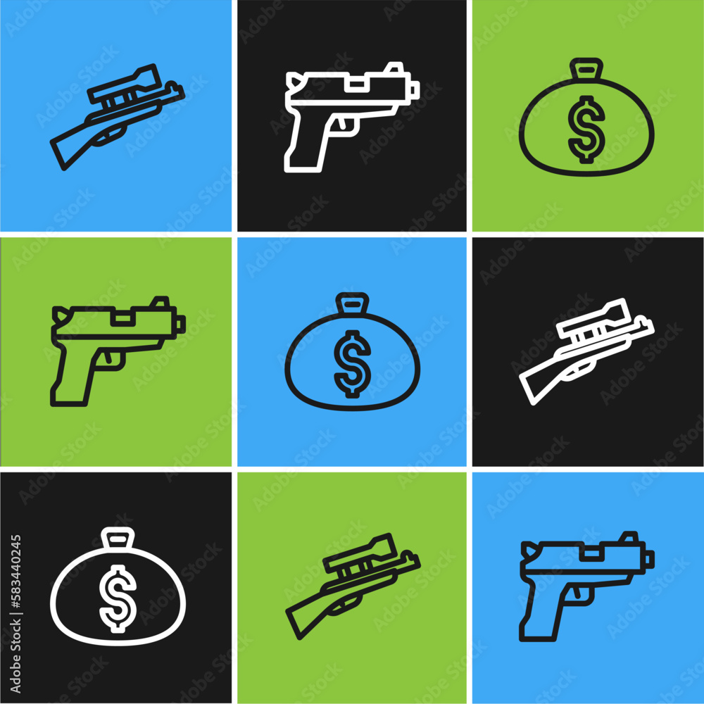 Set line Sniper rifle with scope, Money bag and Pistol or gun icon. Vector Set line Sniper rifle with scope, Money bag and Pistol or gun icon. Vector
