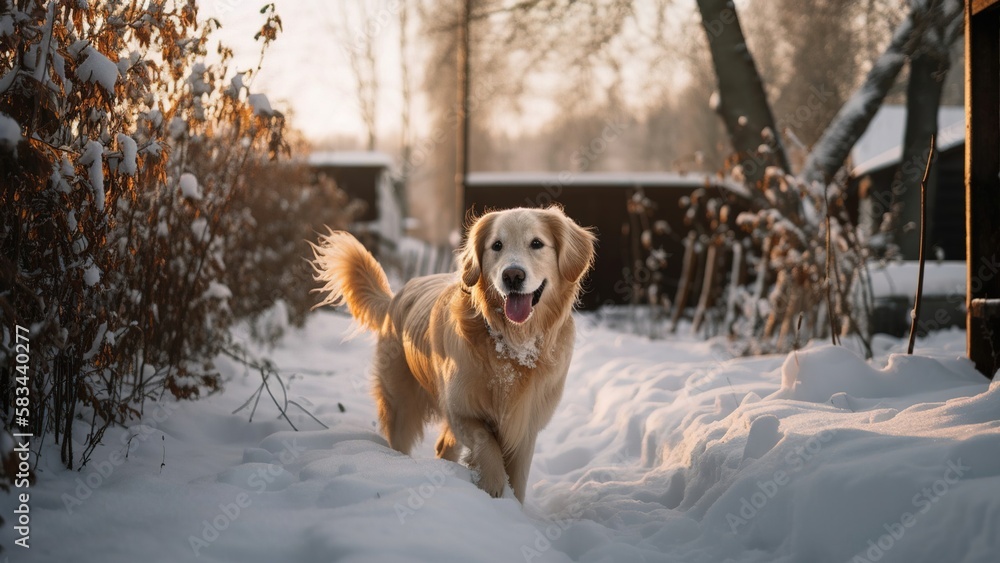 Happy dog playing in backyard in winter snow Happy dog playing in backyard in winter snow