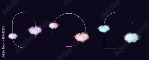 Set of trendy blur gradient illustration with clouds mesh and neon frame. Vintage y2k pastel color banner collection for social media post. Minimalist blurred abstract shape