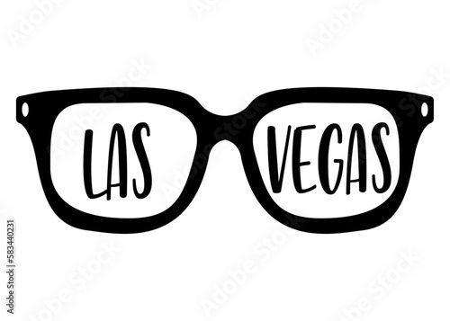 Destino de vacaciones. Logo aislado con silueta de gafas de sol con letras nombre ciudad Las Vegas en texto manuscrito