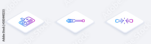 Set Isometric line Identification badge, Prosthesis leg and Human broken bone. White square button. Vector