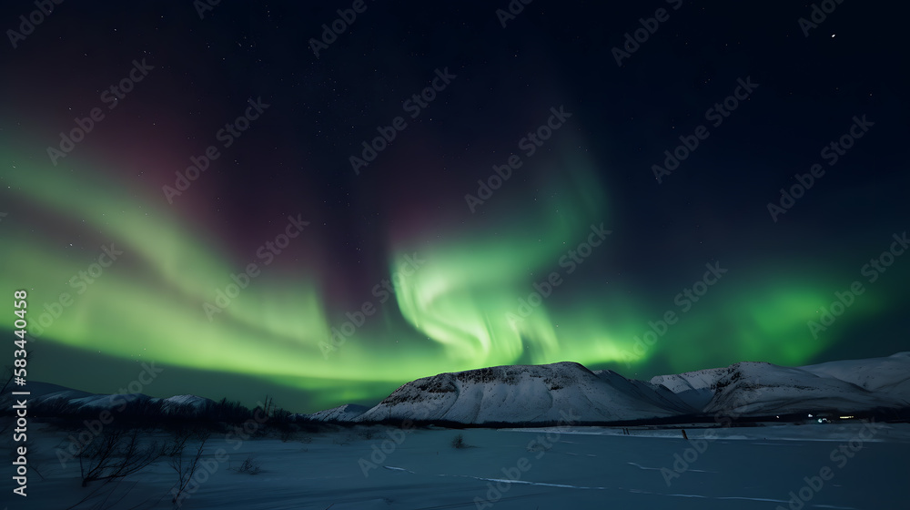 Beautiful Winter Landscape with Aurora Borealis