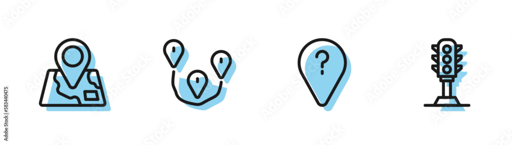 Set line Unknown route point, Folded map with location marker, Route and Traffic light icon. Vector Set line Unknown route point, Folded map with location marker, Route and Traffic light icon. Vector