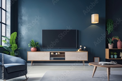 In a contemporary living room with a blue wall background and a TV atop a cabinet with plants and books,. Generative AI