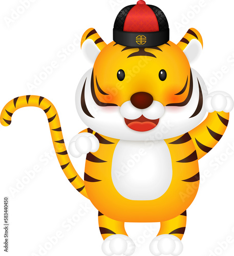 Fototapeta Naklejka Na Ścianę i Meble -  Cute cartoon 3D nursery character tiger with Chinese style traditional hat