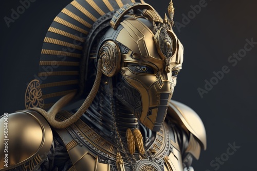 Gold Pharaoh Robot Epic Sci-fi Portrait with Ornament Details and Dynamic Action Pose generative ai illustration 