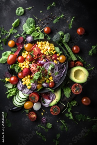 Overhead shot of chopped vegetables for healthy salad. Healthy diet. Restaurant menu background. Generative AI