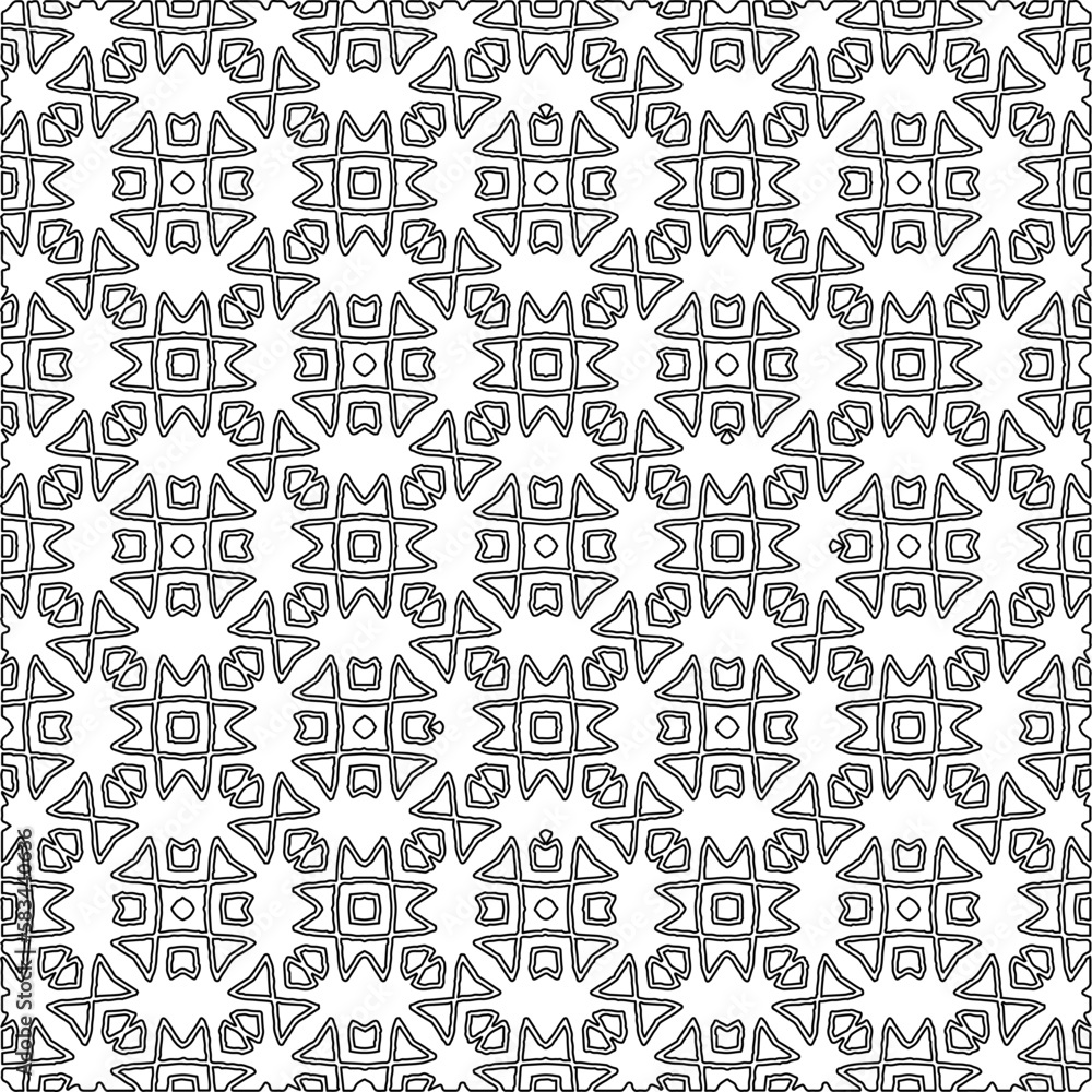  Monochrome ornamental texture with smooth linear shapes, zigzag lines, lace pattern.Abstract geometric black and white pattern for web page, textures, card, poster, fabric, textile.