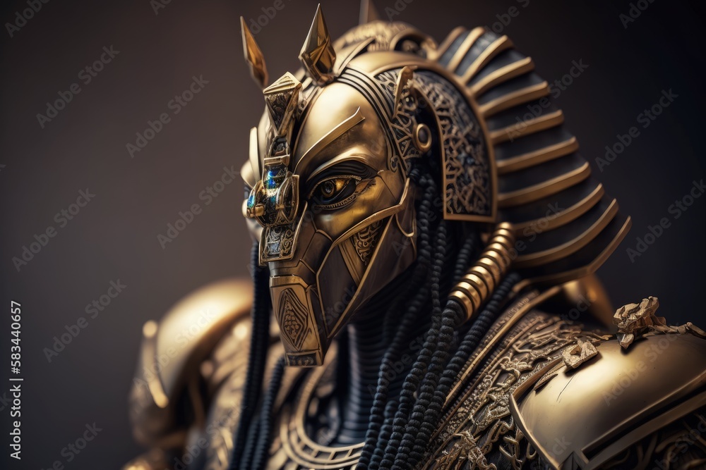Obraz premium Gold Pharaoh Robot Epic Sci-fi Portrait with Ornament Details and Dynamic Action Pose generative ai illustration 