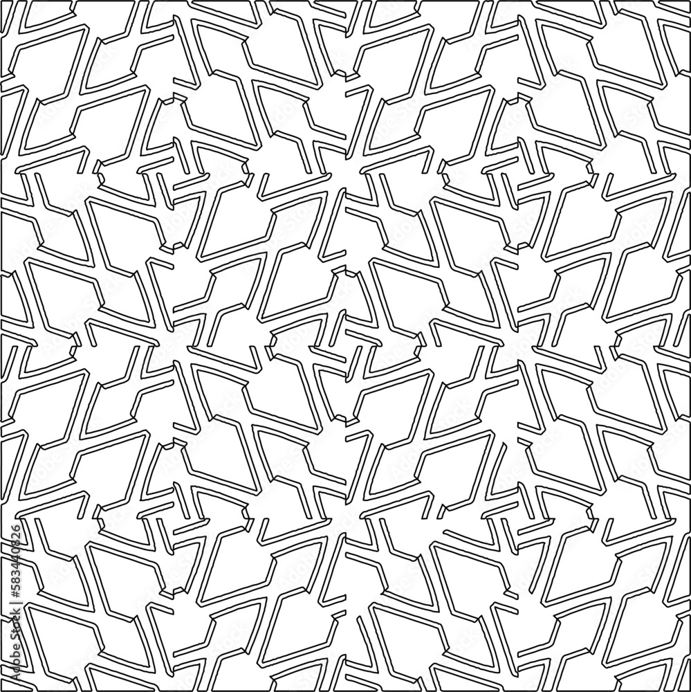 Monochrome ornamental texture with smooth linear shapes, zigzag lines, lace pattern.Abstract geometric black and white pattern for web page, textures, card, poster, fabric, textile. Monochrome ornamental texture with smooth linear shapes, zigzag lines, lace pattern.Abstract geometric black and white pattern for web page, textures, card, poster, fabric, textile.