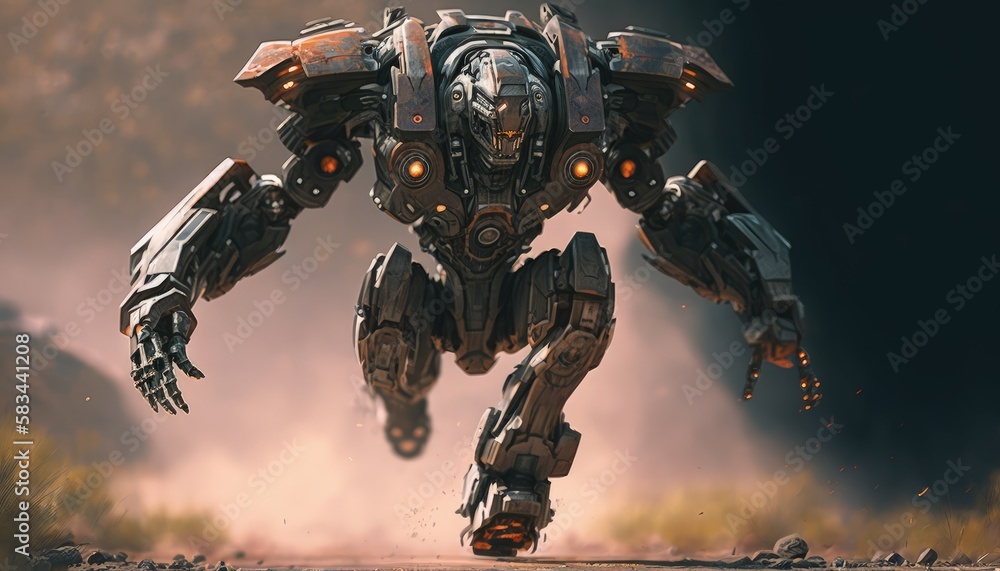Sci-fi Futuristic Robot Warrior in Action Amidst Blurred Desert and Smoke generative ai illustration Sci-fi Futuristic Robot Warrior in Action Amidst Blurred Desert and Smoke generative ai illustration