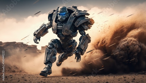 Sci-fi Futuristic Robot Warrior in Action Amidst Blurred Desert and Smoke generative ai illustration