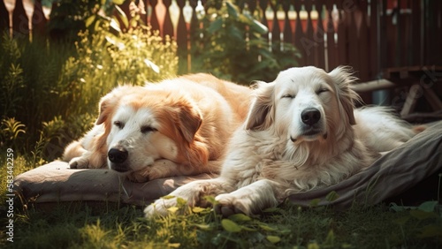 Dog resting and taking a nap in the summer backyard