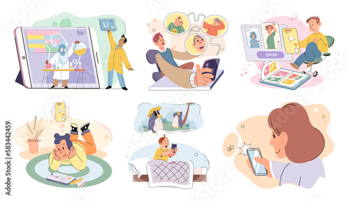 Happy little kid using tablet, child watching smartphone while eating at kitchen at home. Irritated mom is nervous that kid is distracted during feeding and spends too much time with gadgets