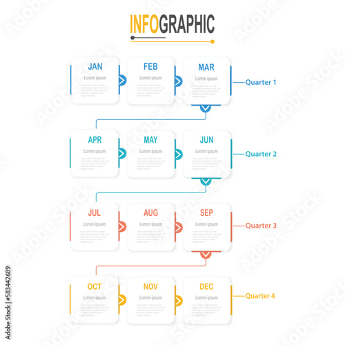 Infographic 12 steps Timeline in 1 year, square template business data illustration