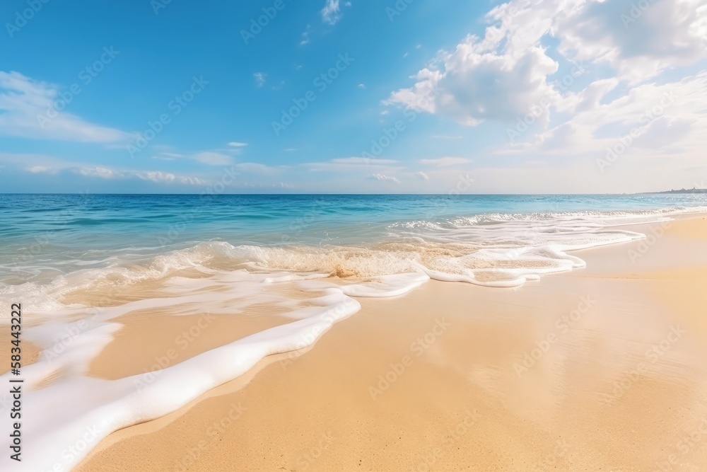 Fototapeta premium white waves on the yellow sand beach and blue sky, generative ai illustration with summer vibes 