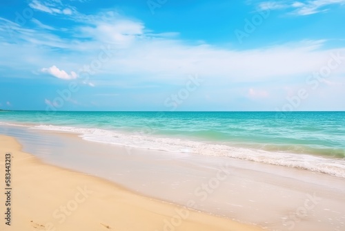 white waves on the yellow sand beach and blue sky, generative ai illustration with summer vibes 