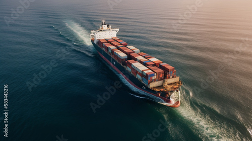 Transporting Cargo Worldwide: Aerial View of Container Ship on Shipping Route , generated by IA 