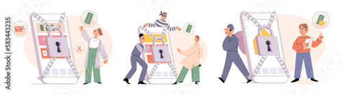 Hacker activity. Hacking computer. Phishing account, steal data, cyber attack. Stealing password. Cyber crime, theft personal information, cyber security spy access. Internet fraud scenes set metaphor