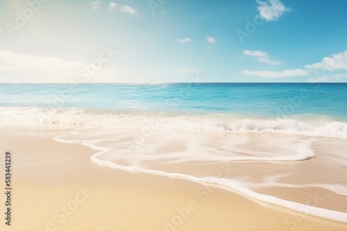 white waves on the yellow sand beach and blue sky  generative ai illustration with summer vibes 