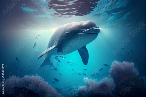 Portrait of a cute little dolphin. AI generated