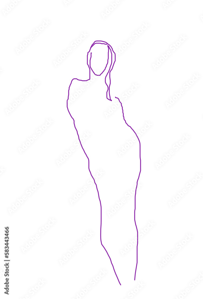 Modern digital image in one-line art style on the white background. Purple outline of a pretty girl standing in an elegant pose. Graceful contour of a human. Cute profile for creative fashion design. Modern digital image in one-line art style on the white background. Purple outline of a pretty girl standing in an elegant pose. Graceful contour of a human. Cute profile for creative fashion design.