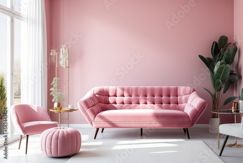 Modern pink interior with sofa and empty wall
