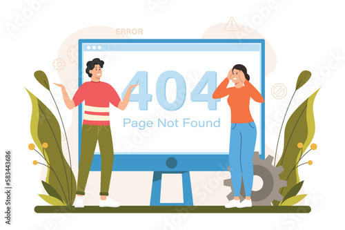 404 not found color concept with people scene in the flat cartoon design. Team of programmers cannot understand why an error occurred on the computer. Vector illustration.