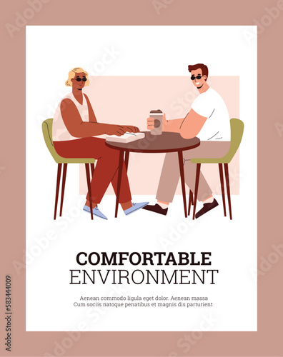 Couple of people with visual impairment sitting in cafe, poster template - flat vector illustration.